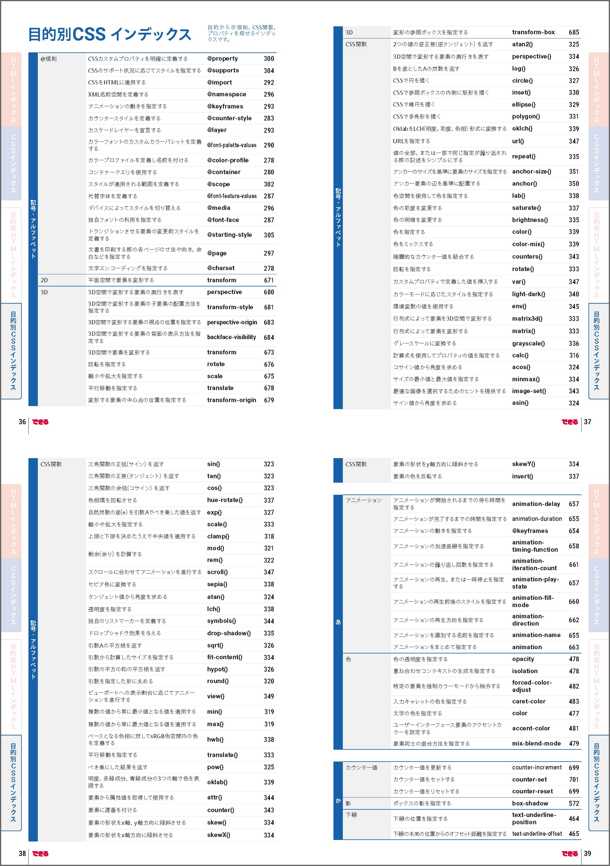 書籍「できるポケット HTML&CSS 全事典 改訂4版」CSS編 目的別インデックス・索引ページの抜粋