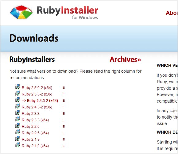 RubyInstaller ダウンロードページの例