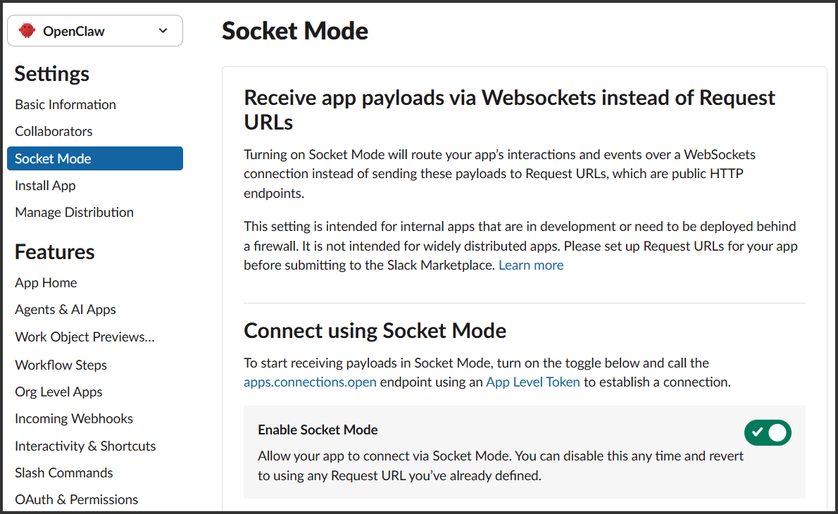 画面キャプチャ：Slack アプリ設定画面で Socket Mode を有効にする