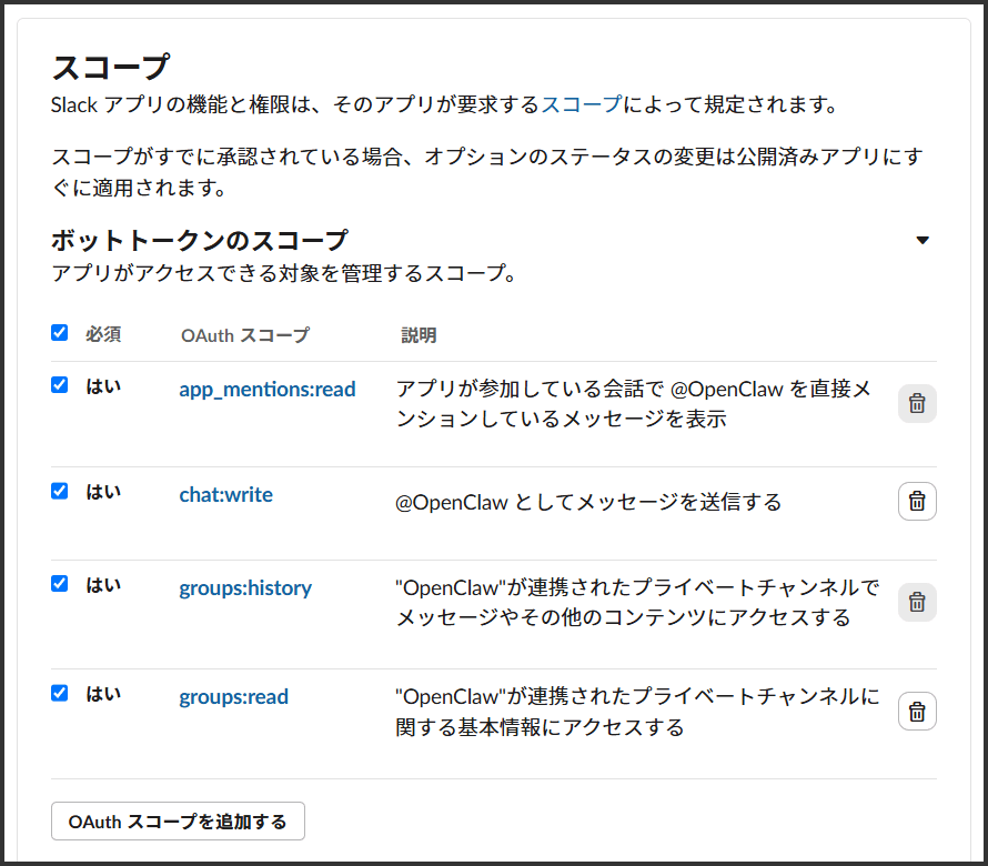画面キャプチャ：OAuth & Permissions スコープを設定