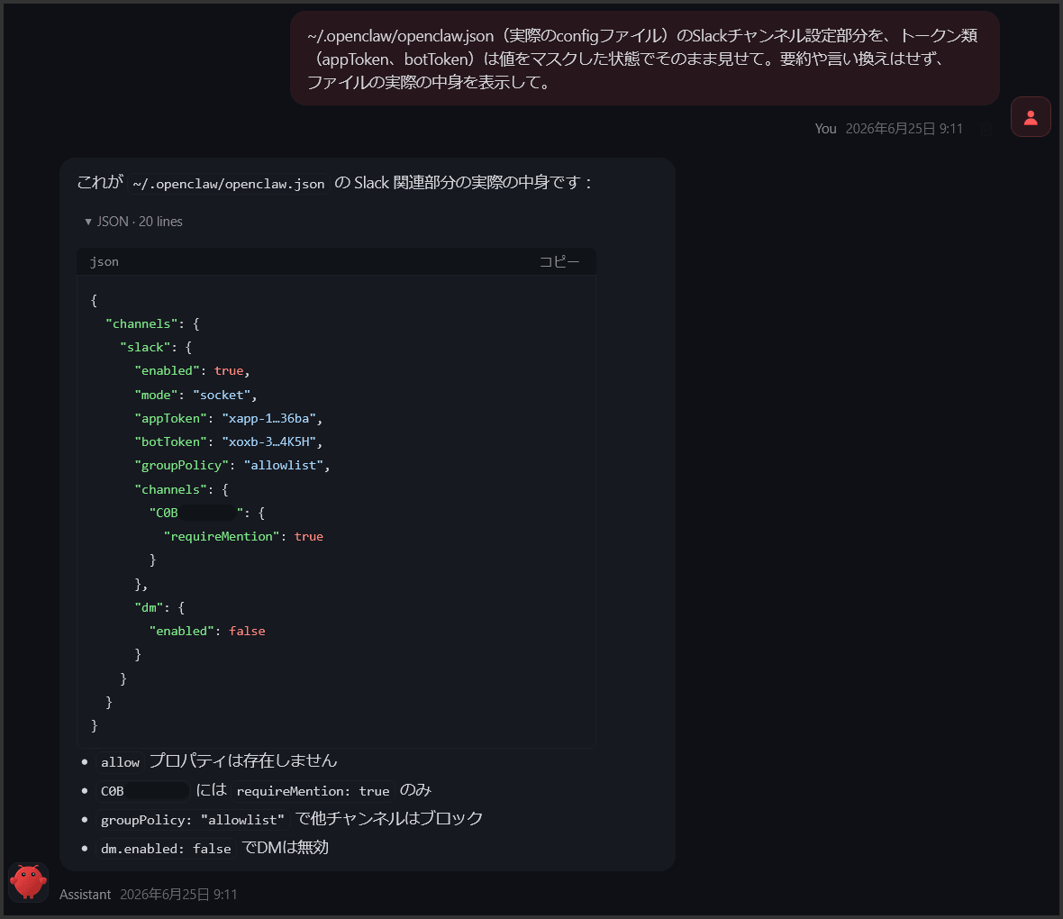 画面キャプチャ：OpenClaw に設定内容を出力してもらった例