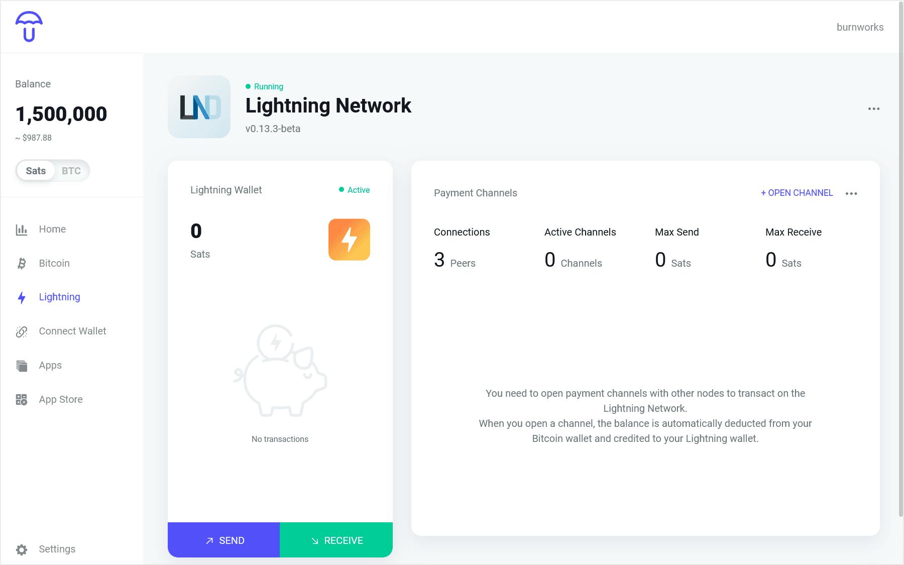 Umbrel のサイドメニューから 「Lightning」 を選択し、Lightning Network の画面を開きます。