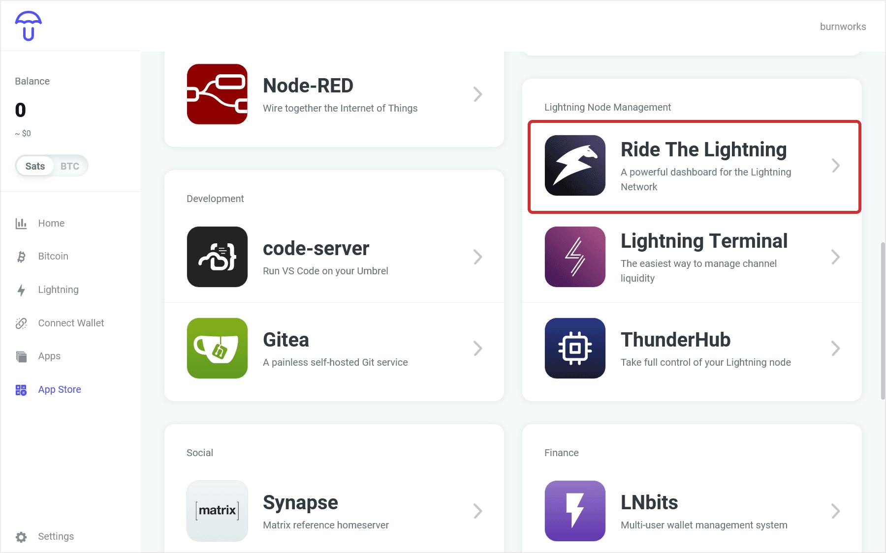 Umbrel のサイドメニューから 「App Store」 を選択し、「Ride The Lightning」 アプリを探します。