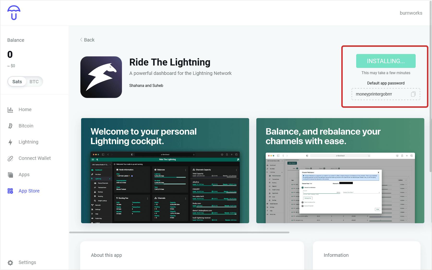 「Ride The Lightning」 アプリの詳細ページでインストール （Install） ボタンを押します。