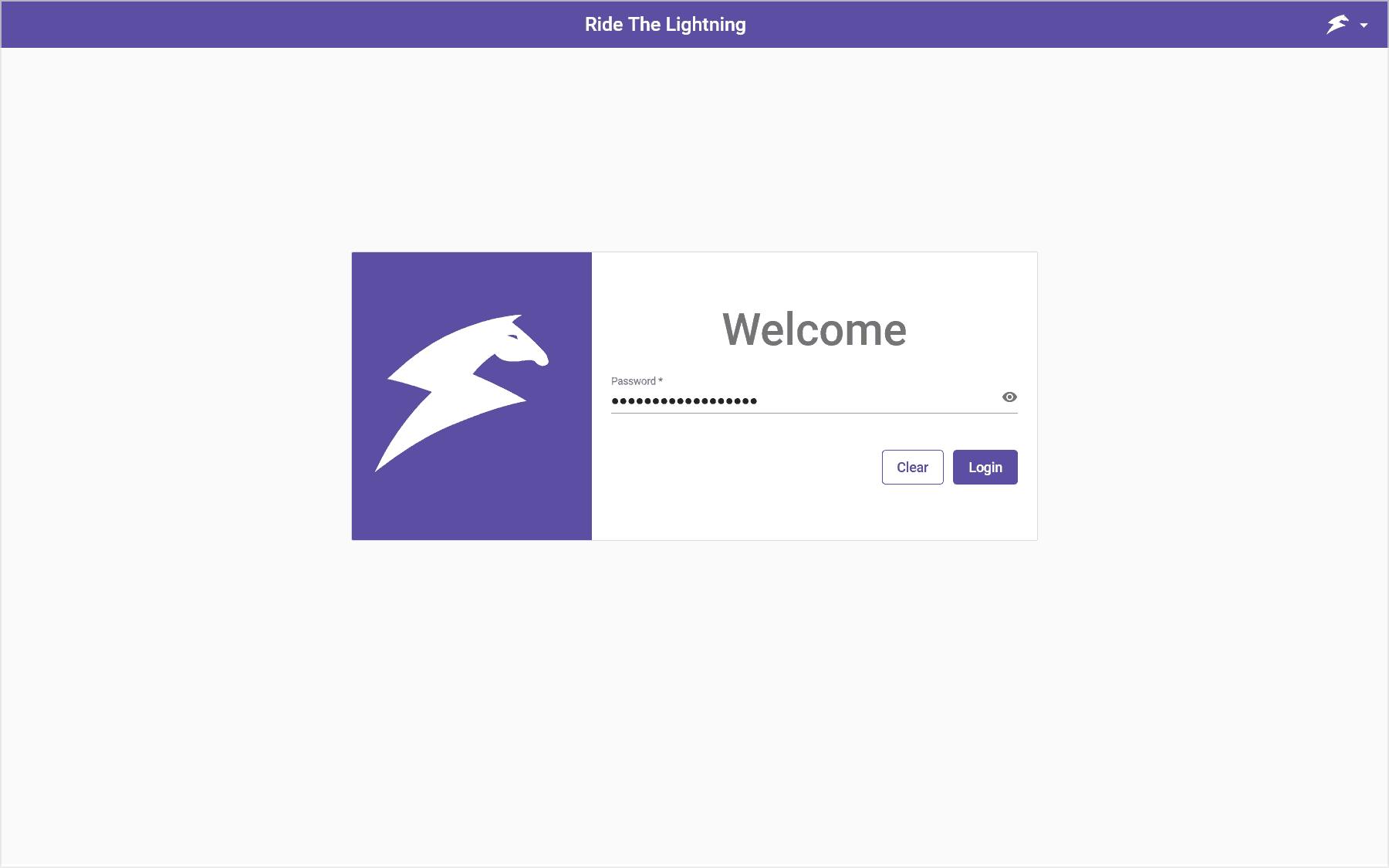 インストール完了後に 「Ride The Lightning」 アプリを立ち上げると初期パスワードでのログイン画面が表示されます。